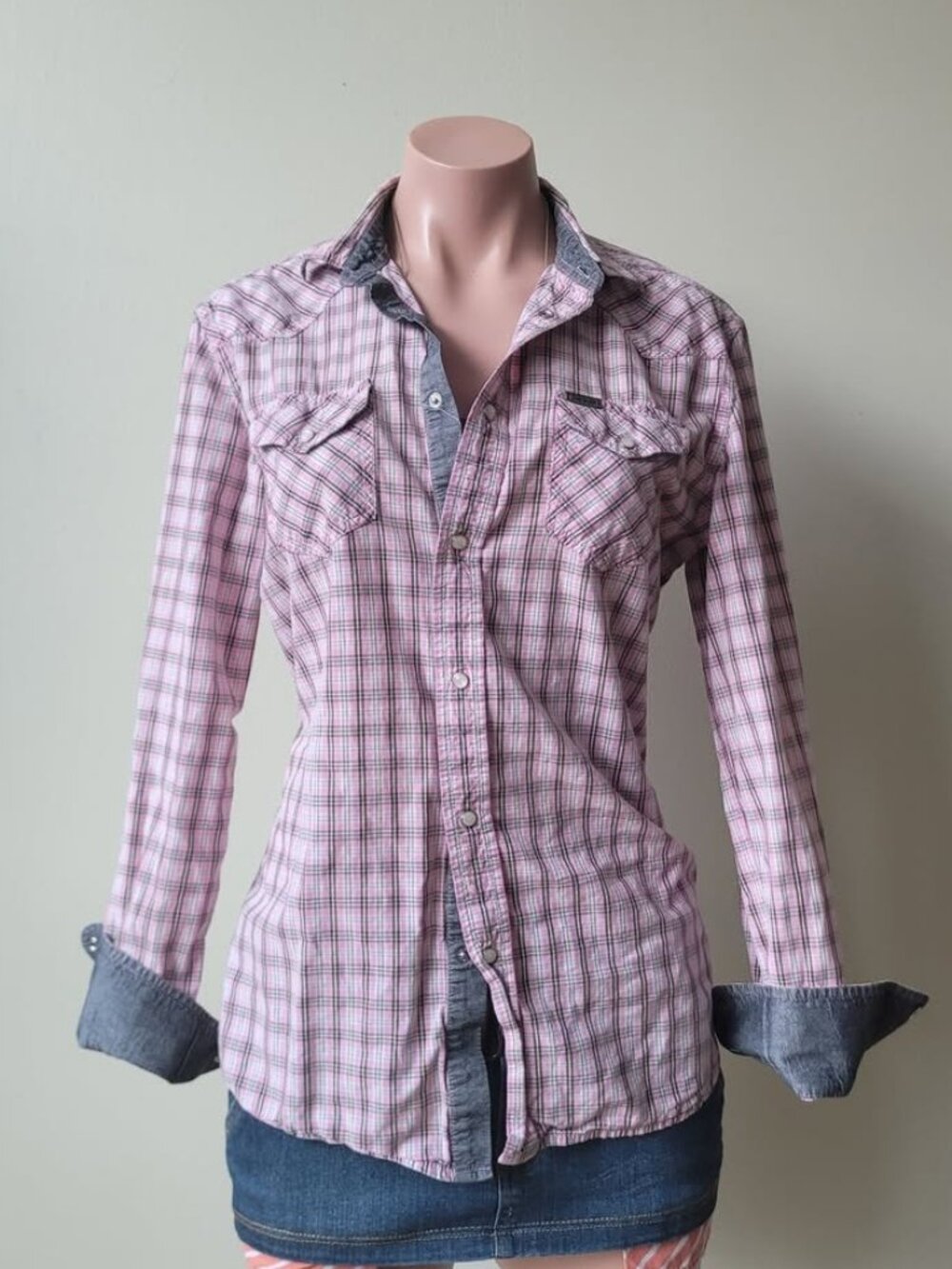 Vintage Diesel Women Pink Check Slim Fitted Shirt Top Cotton (S)